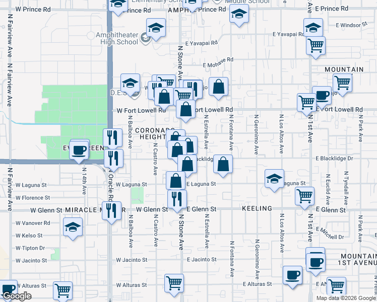map of restaurants, bars, coffee shops, grocery stores, and more near 3020 North Stone Avenue in Tucson
