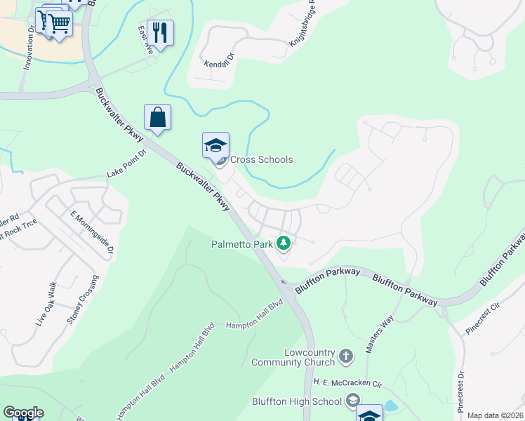 map of restaurants, bars, coffee shops, grocery stores, and more near 27 Shell Hall Drive in Bluffton