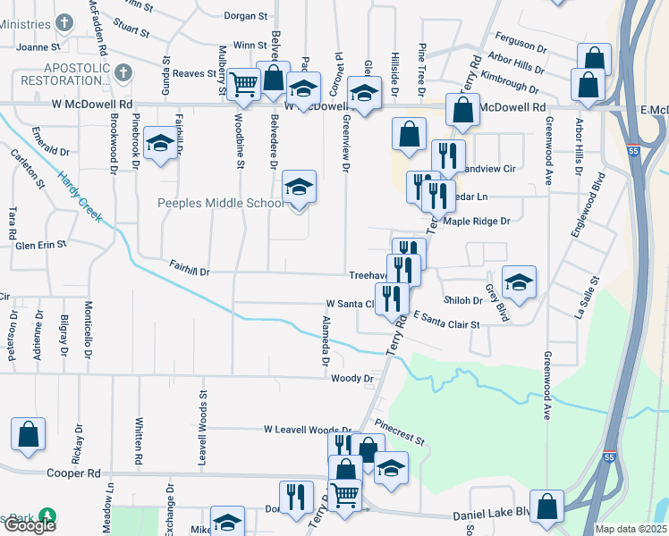 map of restaurants, bars, coffee shops, grocery stores, and more near 192 Treehaven Drive in Jackson
