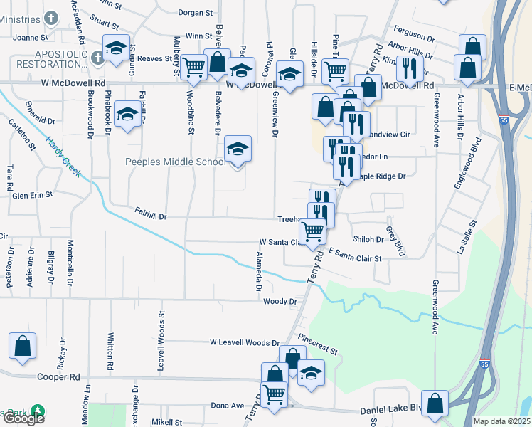 map of restaurants, bars, coffee shops, grocery stores, and more near 192 Treehaven Drive in Jackson