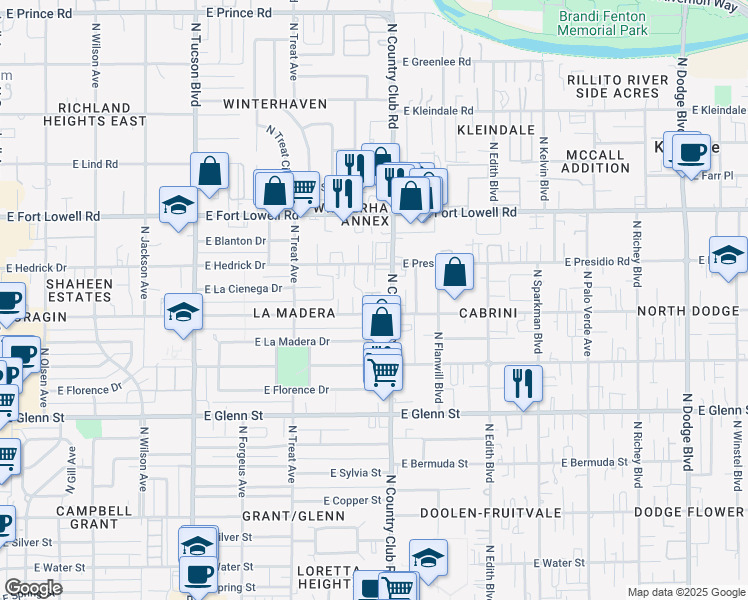 map of restaurants, bars, coffee shops, grocery stores, and more near 3011 East Blacklidge Drive in Tucson