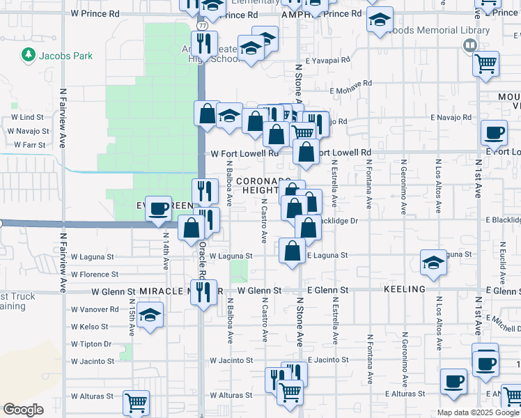 map of restaurants, bars, coffee shops, grocery stores, and more near 3015 North Castro Avenue in Tucson