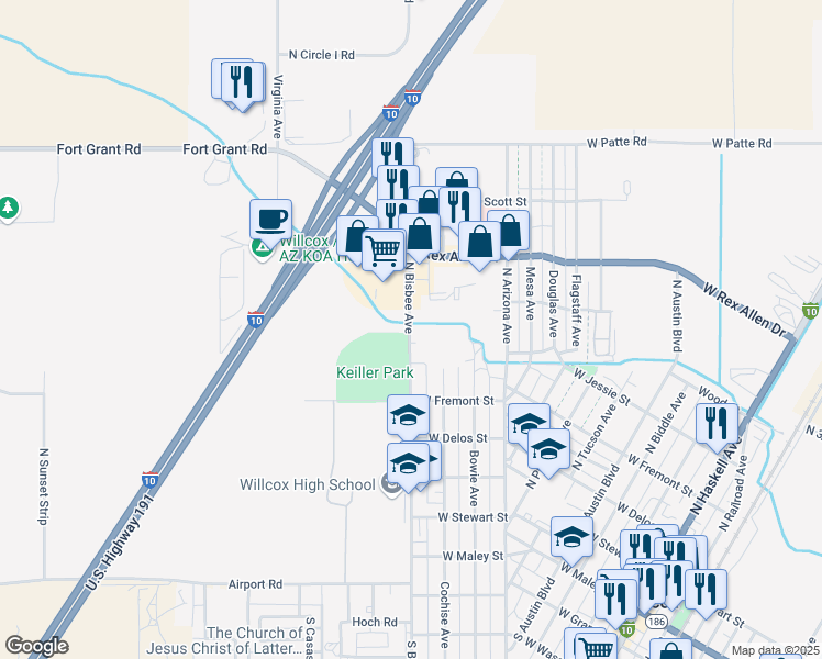 map of restaurants, bars, coffee shops, grocery stores, and more near 658 North Bisbee Avenue in Willcox
