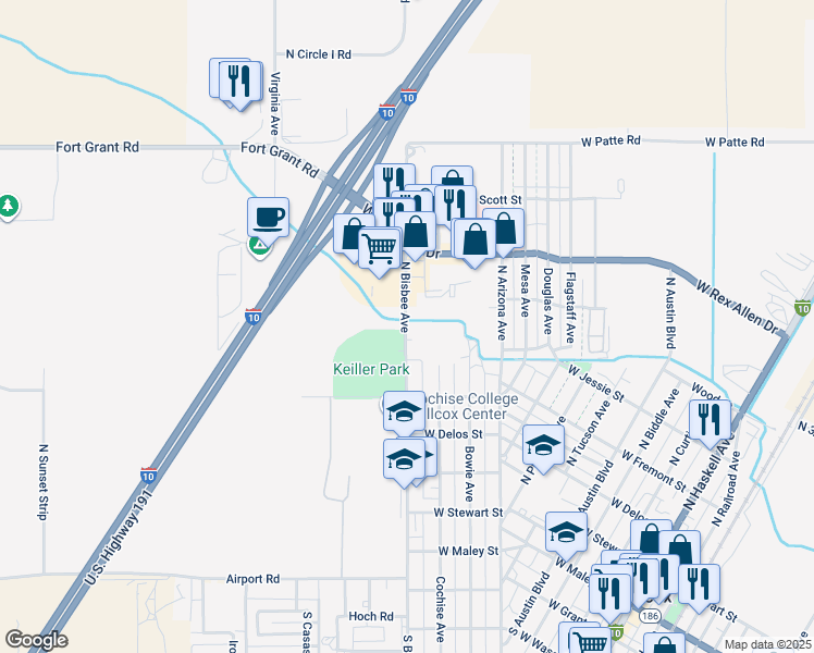 map of restaurants, bars, coffee shops, grocery stores, and more near 658 North Bisbee Avenue in Willcox