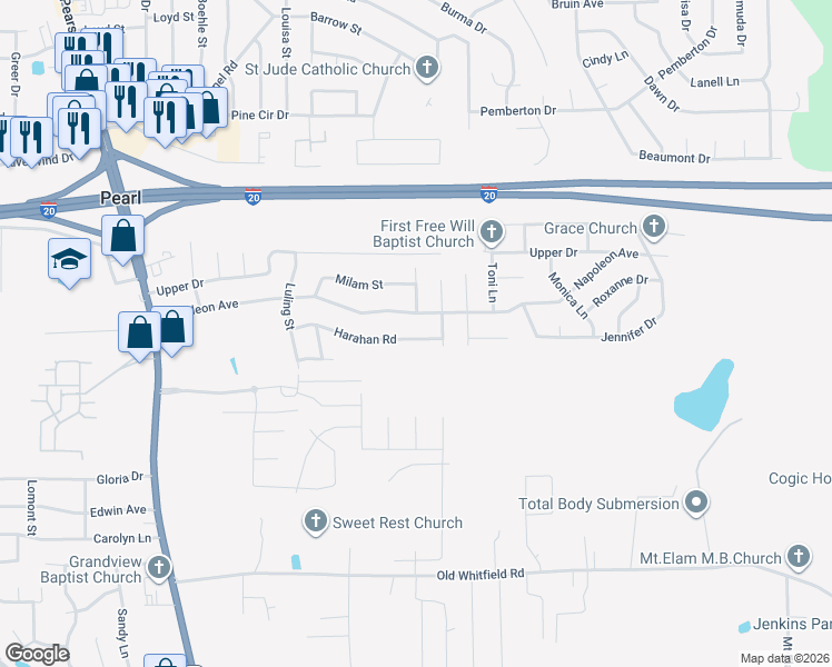 map of restaurants, bars, coffee shops, grocery stores, and more near 2380 Harahan Road in Pearl