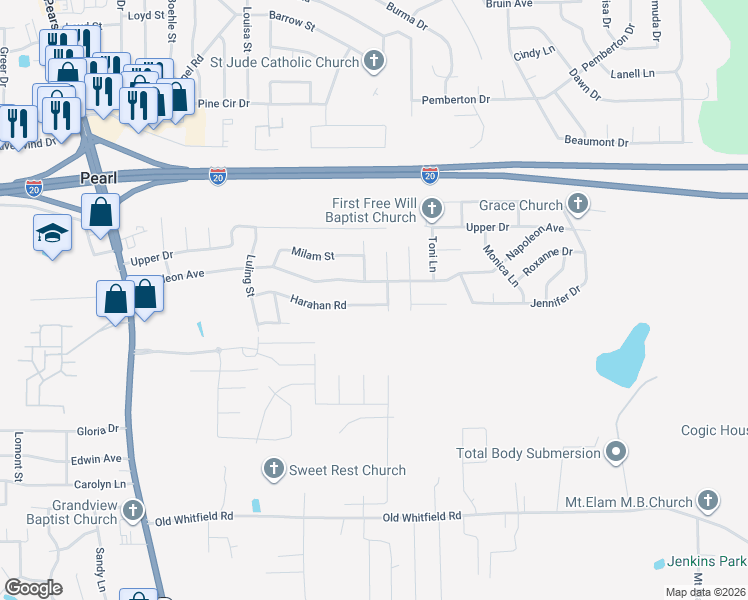 map of restaurants, bars, coffee shops, grocery stores, and more near 2380 Harahan Road in Pearl