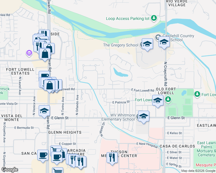 map of restaurants, bars, coffee shops, grocery stores, and more near 5110 East Woodgate Lane in Tucson