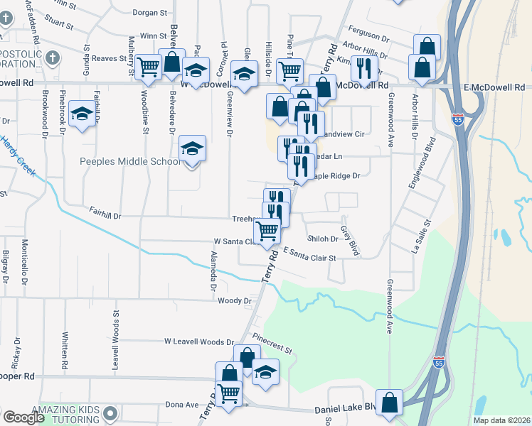map of restaurants, bars, coffee shops, grocery stores, and more near 122 Treehaven Drive in Jackson