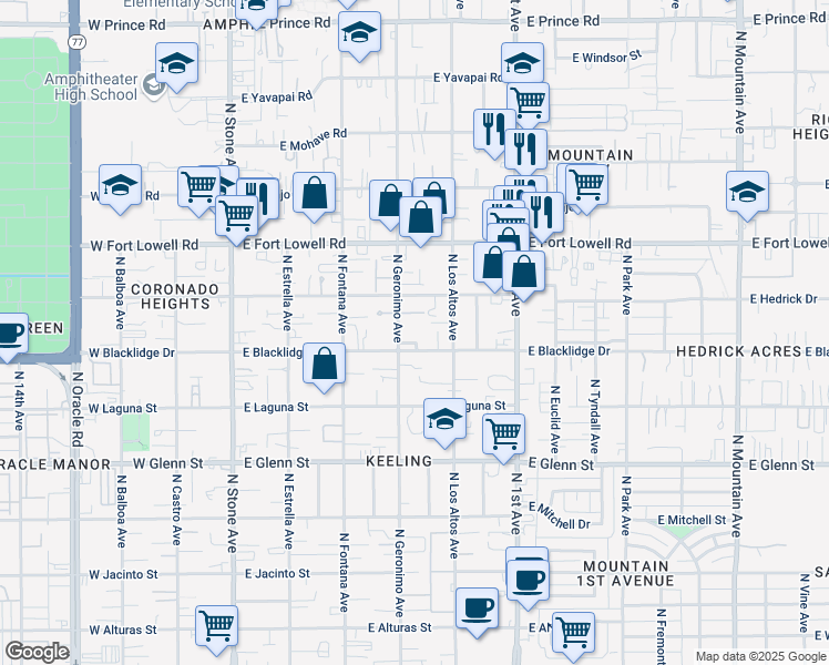 map of restaurants, bars, coffee shops, grocery stores, and more near 3026 North Geronimo Avenue in Tucson