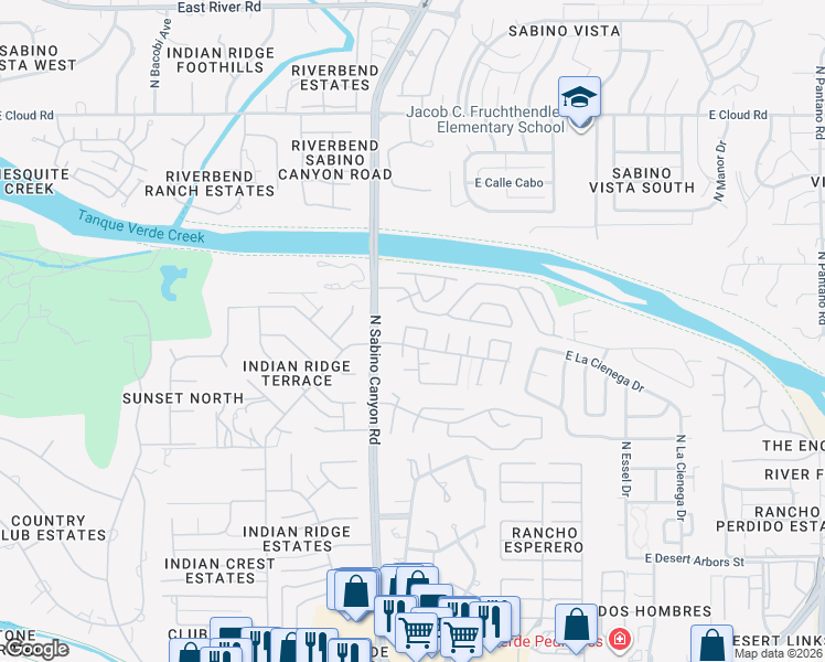 map of restaurants, bars, coffee shops, grocery stores, and more near 7112 East Chorro Circle in Tucson