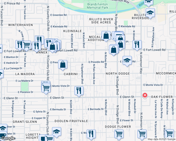 map of restaurants, bars, coffee shops, grocery stores, and more near 3441 East Blacklidge Drive in Tucson