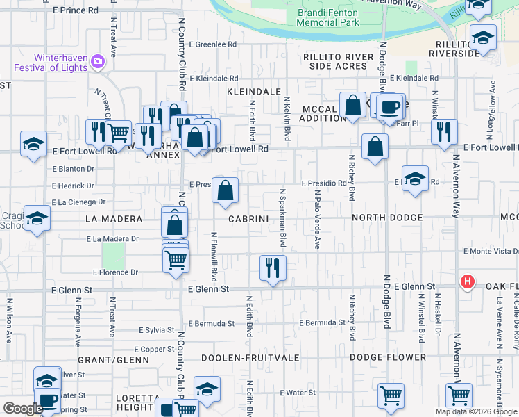 map of restaurants, bars, coffee shops, grocery stores, and more near in Tucson