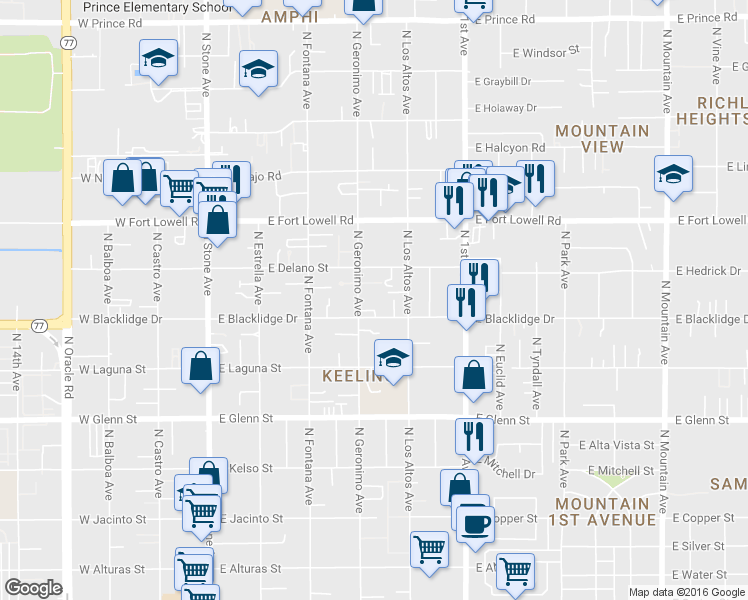 map of restaurants, bars, coffee shops, grocery stores, and more near 3026 North Geronimo Avenue in Tucson