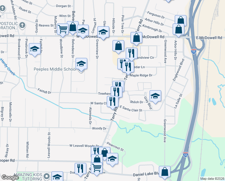 map of restaurants, bars, coffee shops, grocery stores, and more near 122 Treehaven Drive in Jackson