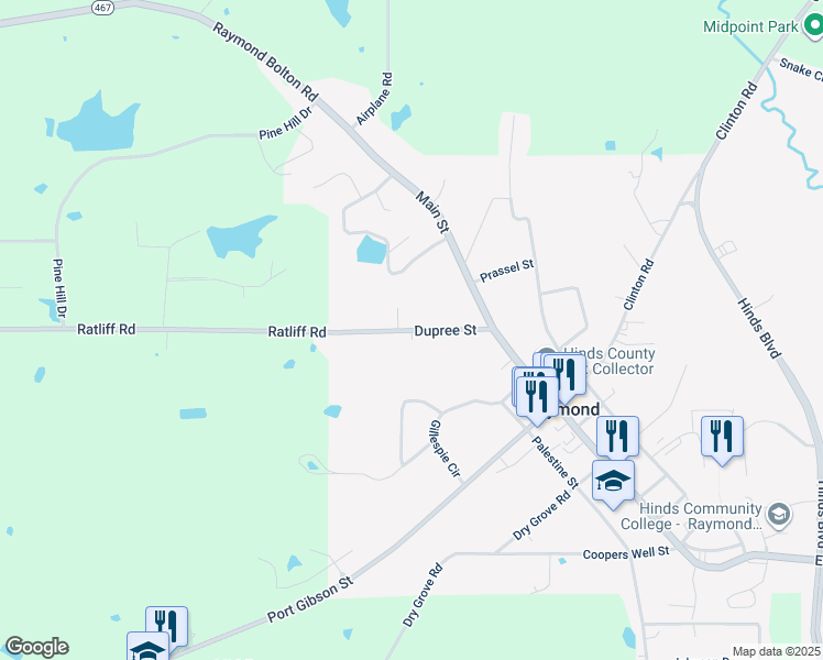 map of restaurants, bars, coffee shops, grocery stores, and more near Dupree Street in Raymond