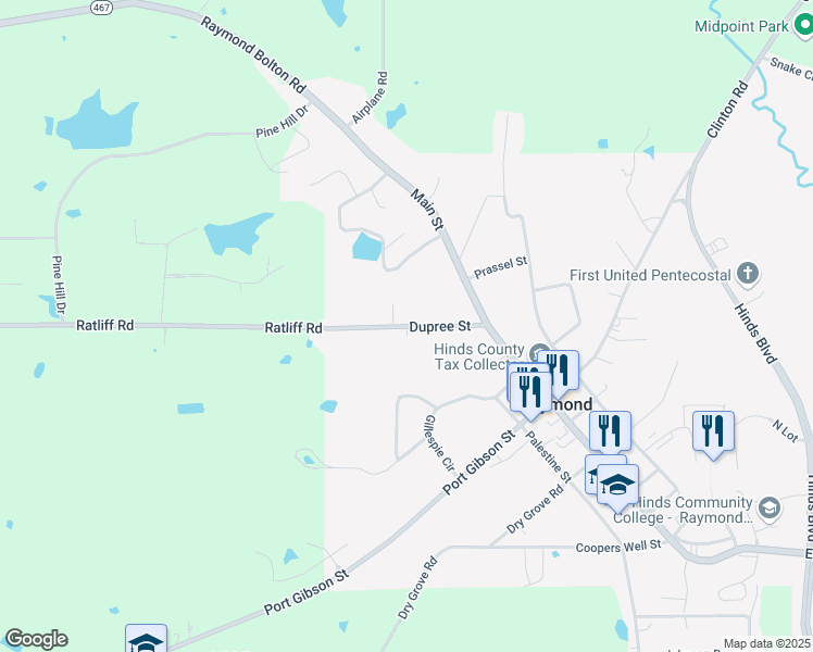 map of restaurants, bars, coffee shops, grocery stores, and more near Dupree Street in Raymond
