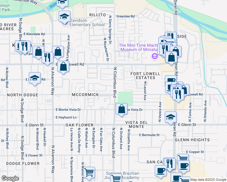 map of restaurants, bars, coffee shops, grocery stores, and more near 4279 East Columbus Park Place in Tucson