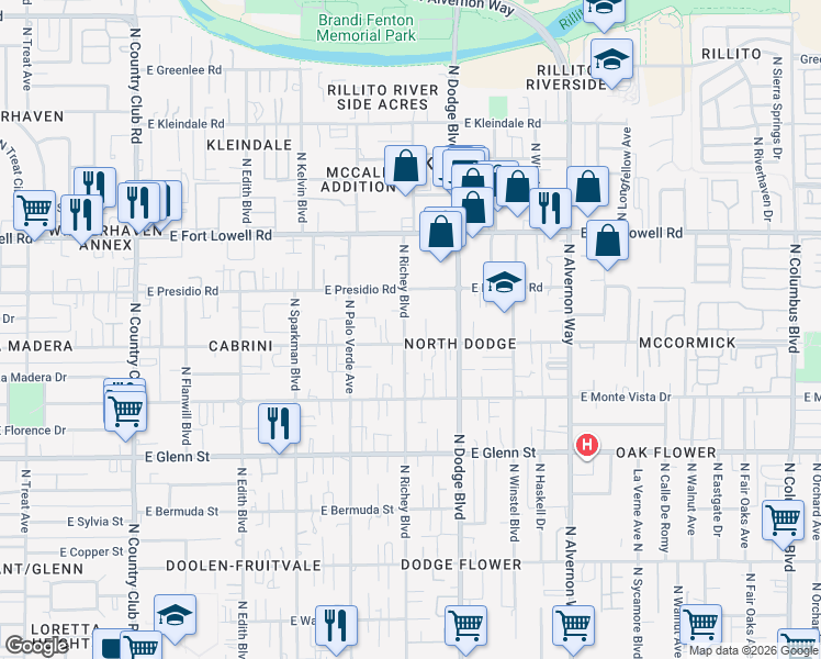 map of restaurants, bars, coffee shops, grocery stores, and more near 3014 North Richey Boulevard in Tucson