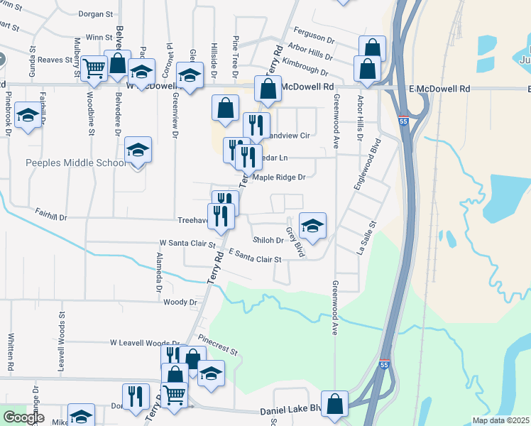 map of restaurants, bars, coffee shops, grocery stores, and more near 130 Rebel Woods Drive in Jackson