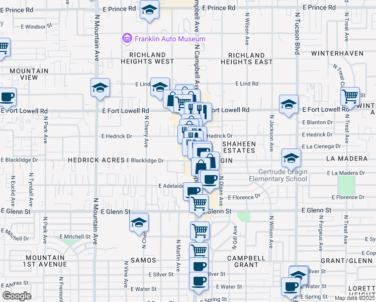 map of restaurants, bars, coffee shops, grocery stores, and more near 3025 North Campbell Avenue in Tucson