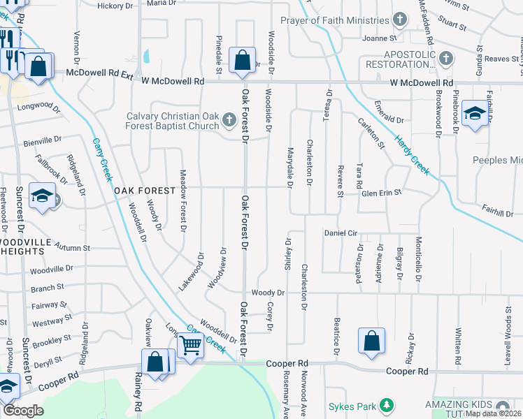 map of restaurants, bars, coffee shops, grocery stores, and more near 3033 Woodside Drive in Jackson