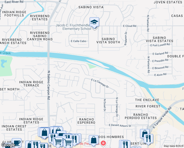 map of restaurants, bars, coffee shops, grocery stores, and more near 3017 North Río Verde Drive in Tucson