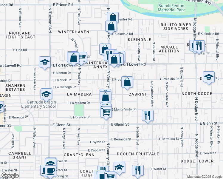 map of restaurants, bars, coffee shops, grocery stores, and more near 3020 North Country Club Road in Tucson