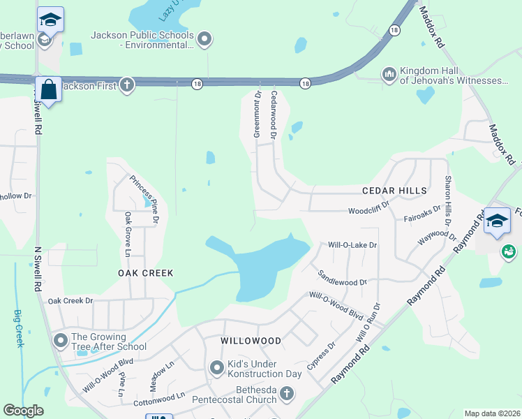 map of restaurants, bars, coffee shops, grocery stores, and more near 537 Winnwood in Jackson