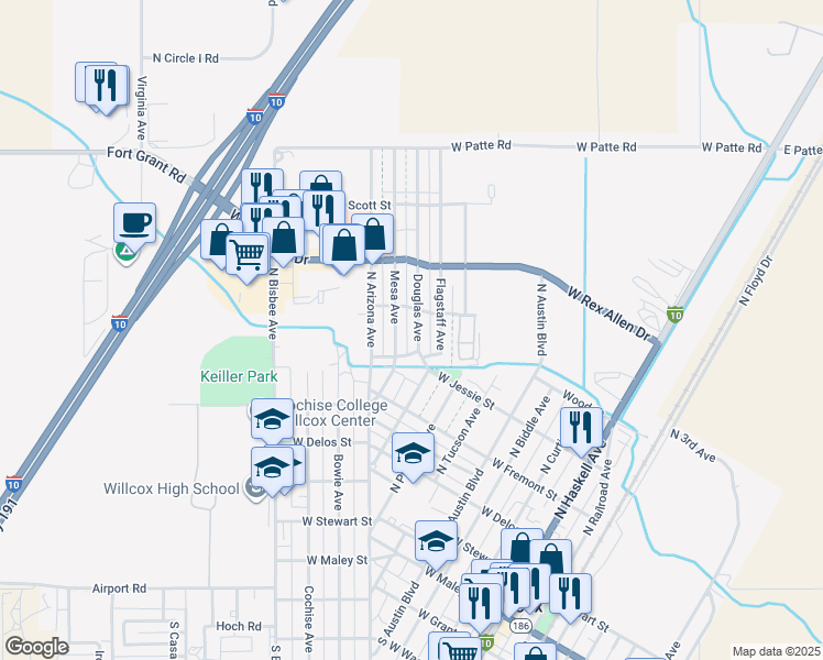 map of restaurants, bars, coffee shops, grocery stores, and more near 706 Douglas Avenue in Willcox