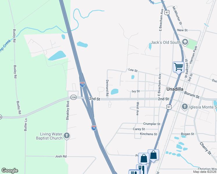 map of restaurants, bars, coffee shops, grocery stores, and more near 306 Dennard Road in Unadilla