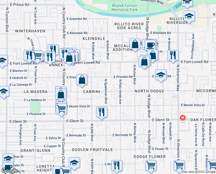 map of restaurants, bars, coffee shops, grocery stores, and more near 3022 North Sparkman Boulevard in Tucson