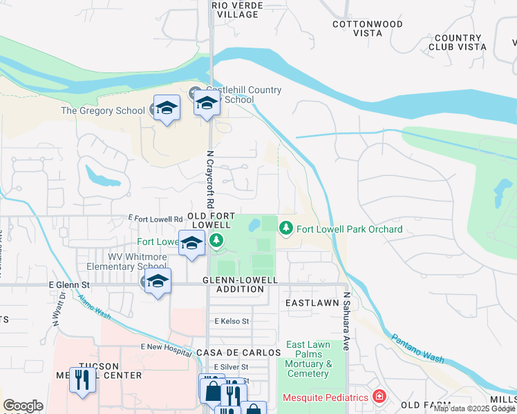 map of restaurants, bars, coffee shops, grocery stores, and more near 5651 East Fort Lowell Road in Tucson