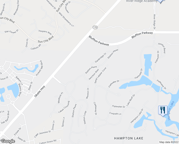 map of restaurants, bars, coffee shops, grocery stores, and more near 159 Station Parkway in Bluffton