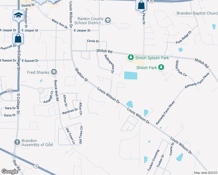 map of restaurants, bars, coffee shops, grocery stores, and more near 308 Rollingwood Drive in Brandon