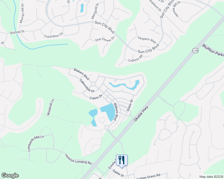 map of restaurants, bars, coffee shops, grocery stores, and more near 280 Pickett Mill Boulevard in Bluffton