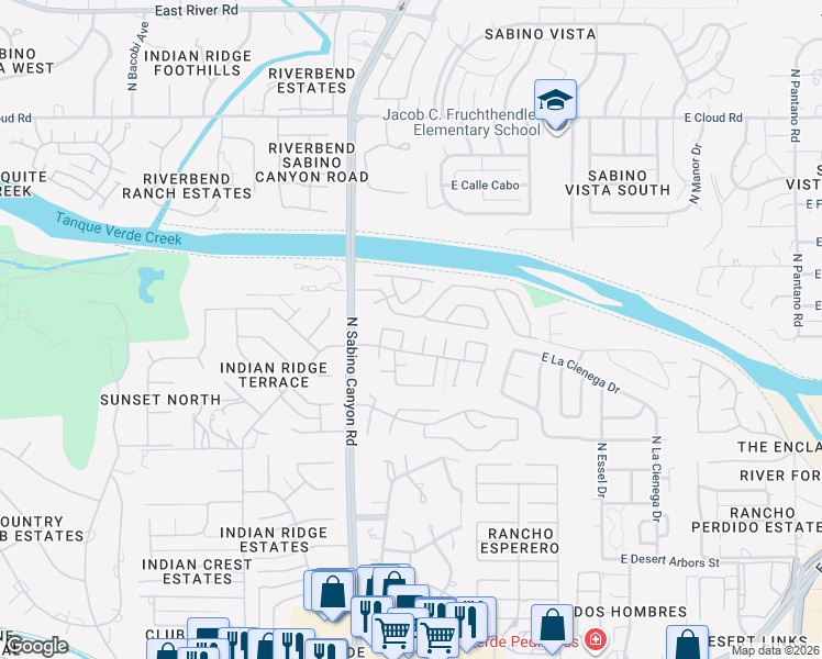 map of restaurants, bars, coffee shops, grocery stores, and more near 7153 East Chorro Circle in Tucson