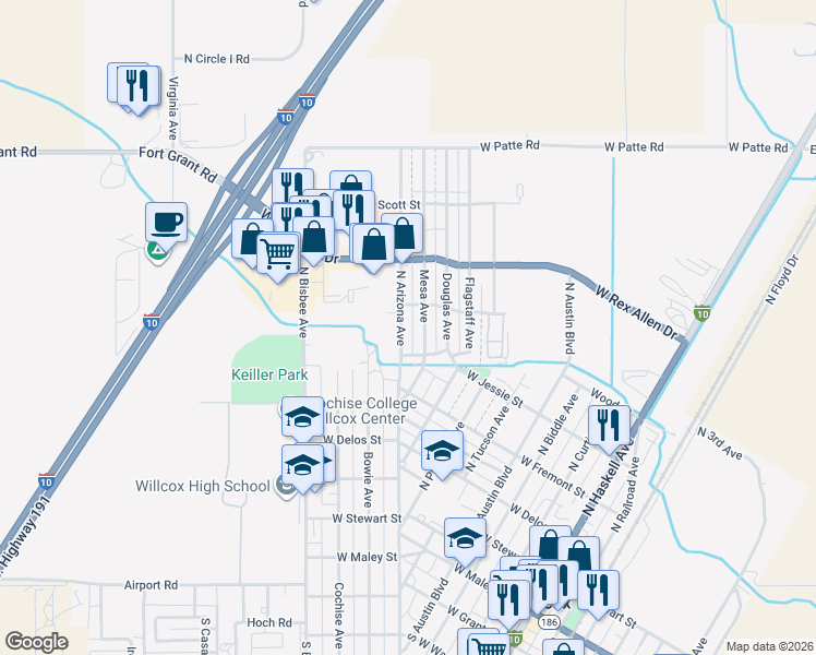 map of restaurants, bars, coffee shops, grocery stores, and more near 709 North Arizona Avenue in Willcox