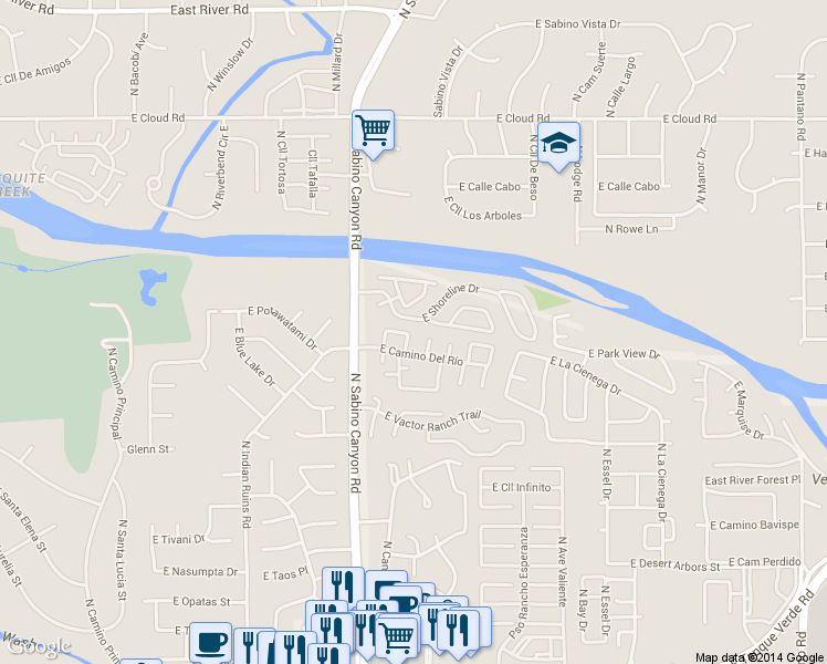 map of restaurants, bars, coffee shops, grocery stores, and more near 7153 East Chorro Circle in Tucson