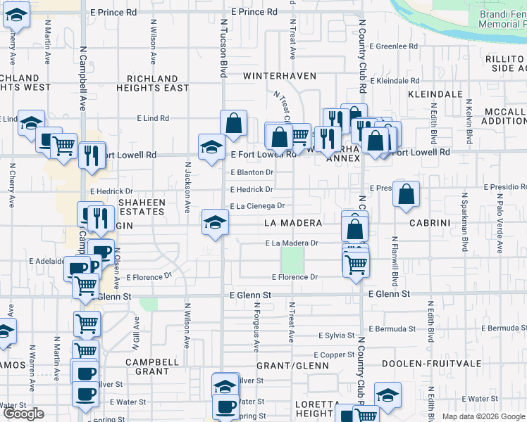 map of restaurants, bars, coffee shops, grocery stores, and more near 2612 East La Cienega Drive in Tucson