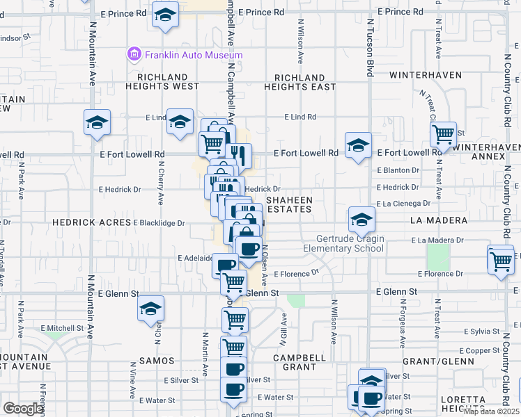 map of restaurants, bars, coffee shops, grocery stores, and more near 3028 North Olsen Avenue in Tucson