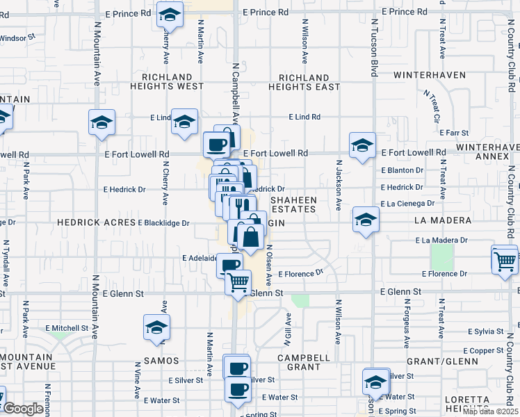 map of restaurants, bars, coffee shops, grocery stores, and more near 3032 North Campbell Avenue in Tucson