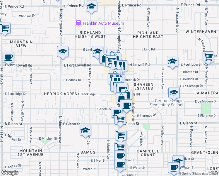 map of restaurants, bars, coffee shops, grocery stores, and more near 3025 North Campbell Avenue in Tucson