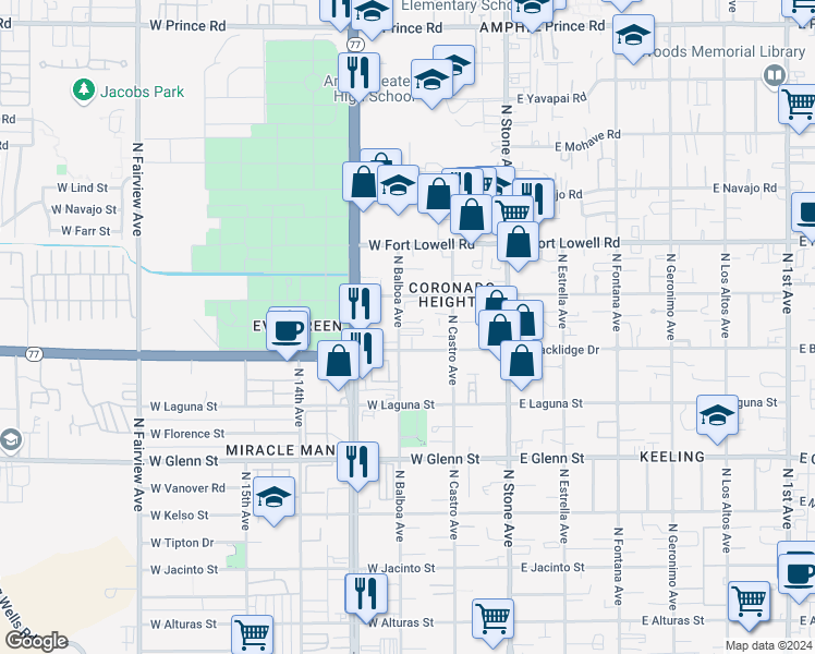 map of restaurants, bars, coffee shops, grocery stores, and more near 3036 North Balboa Avenue in Tucson