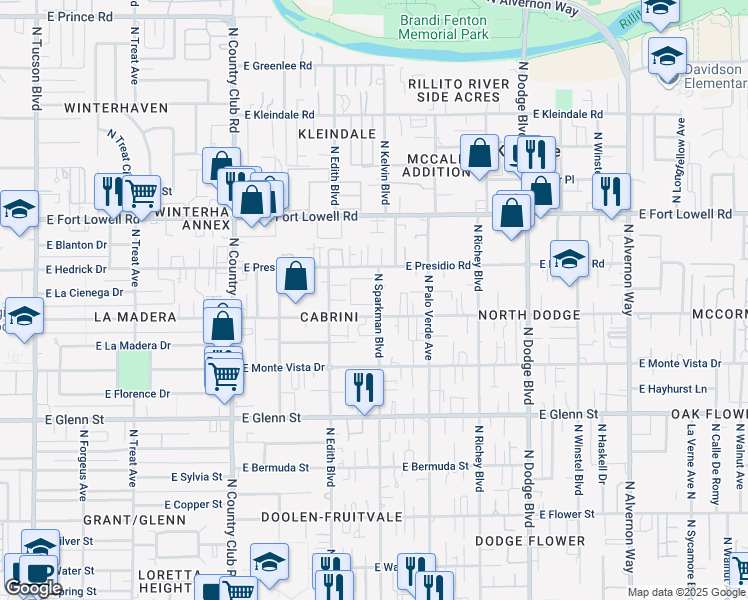 map of restaurants, bars, coffee shops, grocery stores, and more near 3015 North Sparkman Boulevard in Tucson