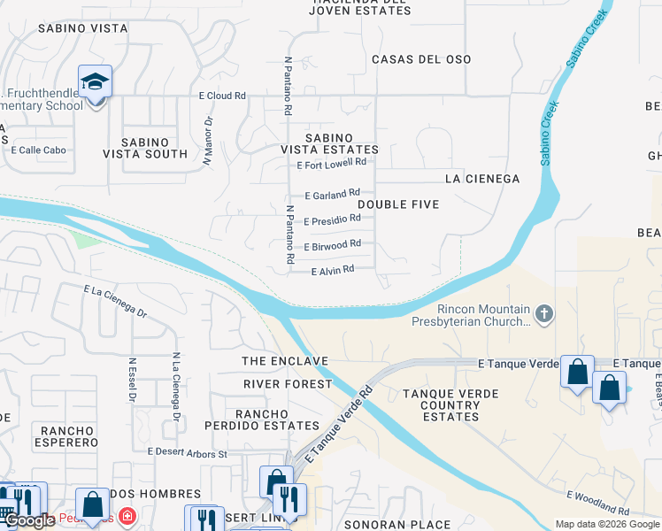 map of restaurants, bars, coffee shops, grocery stores, and more near 7951 East Alvin Road in Tucson