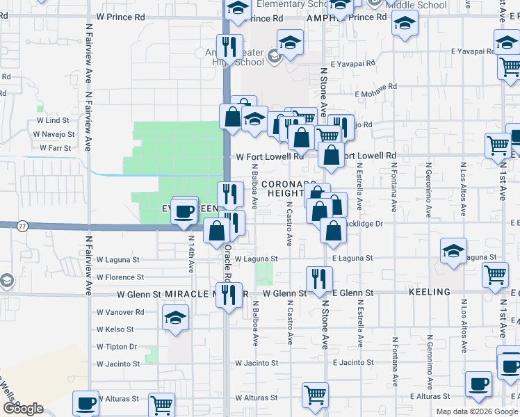map of restaurants, bars, coffee shops, grocery stores, and more near 3036 North Balboa Avenue in Tucson