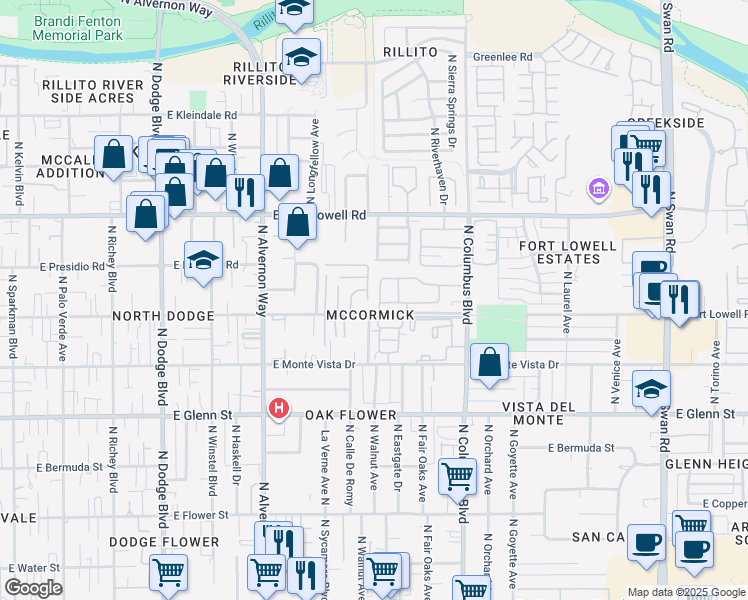 map of restaurants, bars, coffee shops, grocery stores, and more near 3015 North Desert Drive in Tucson