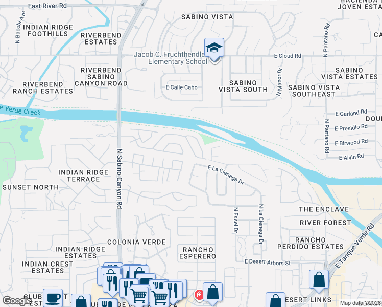 map of restaurants, bars, coffee shops, grocery stores, and more near 7388 East Shoreline Drive in Tucson