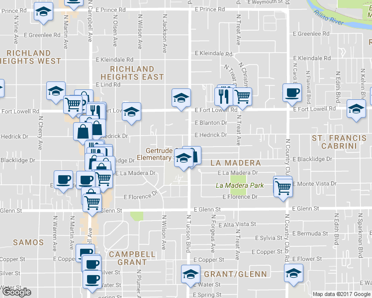 map of restaurants, bars, coffee shops, grocery stores, and more near 3035 North Tucson Boulevard in Tucson