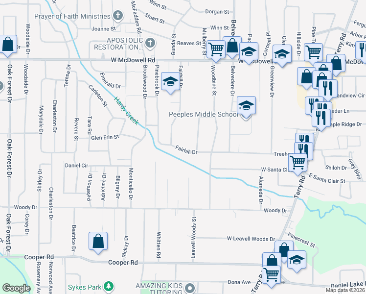 map of restaurants, bars, coffee shops, grocery stores, and more near 368 Fairhill Drive in Jackson